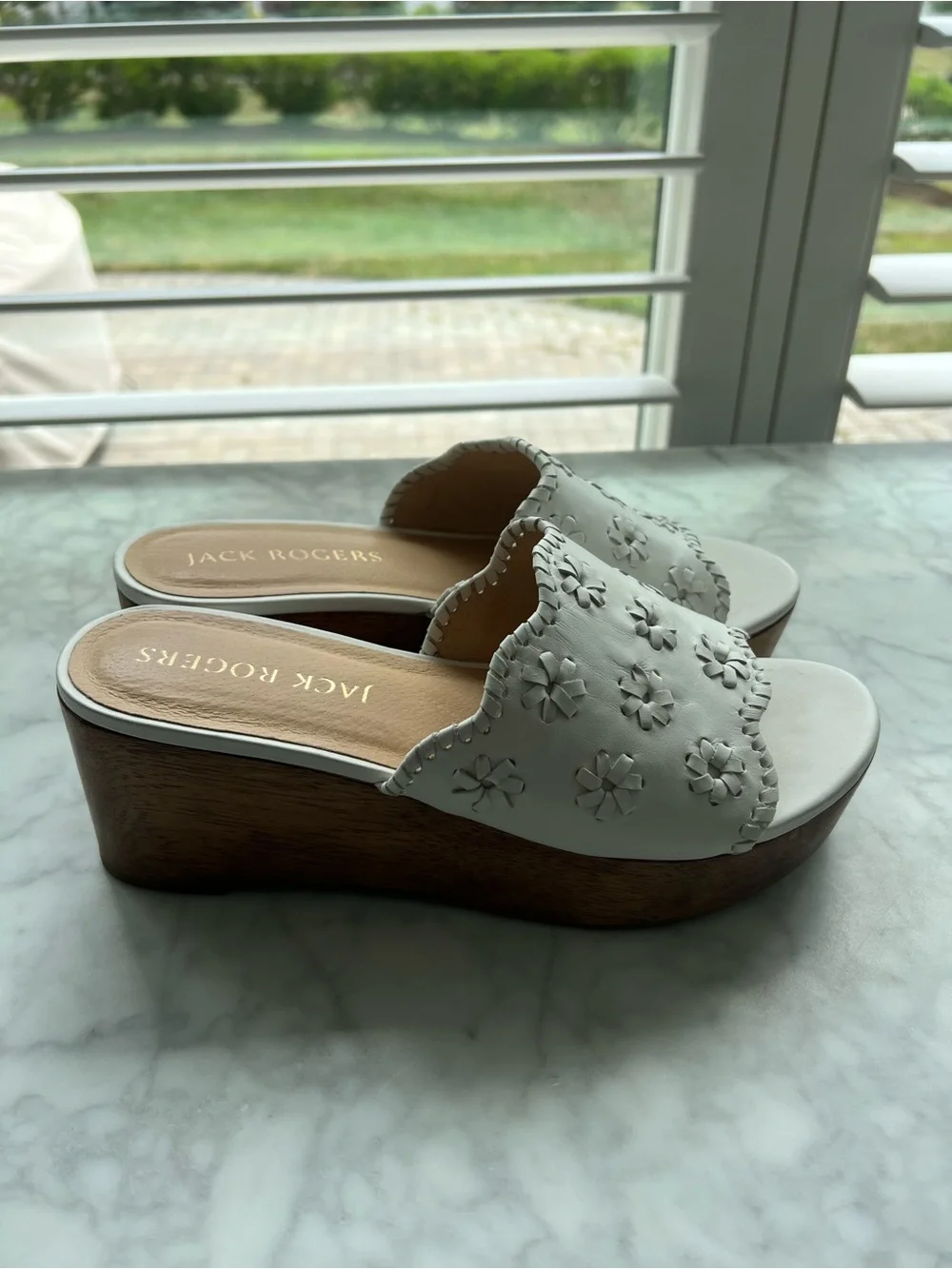 Jack Rogers White Leather Floral Platform Slides